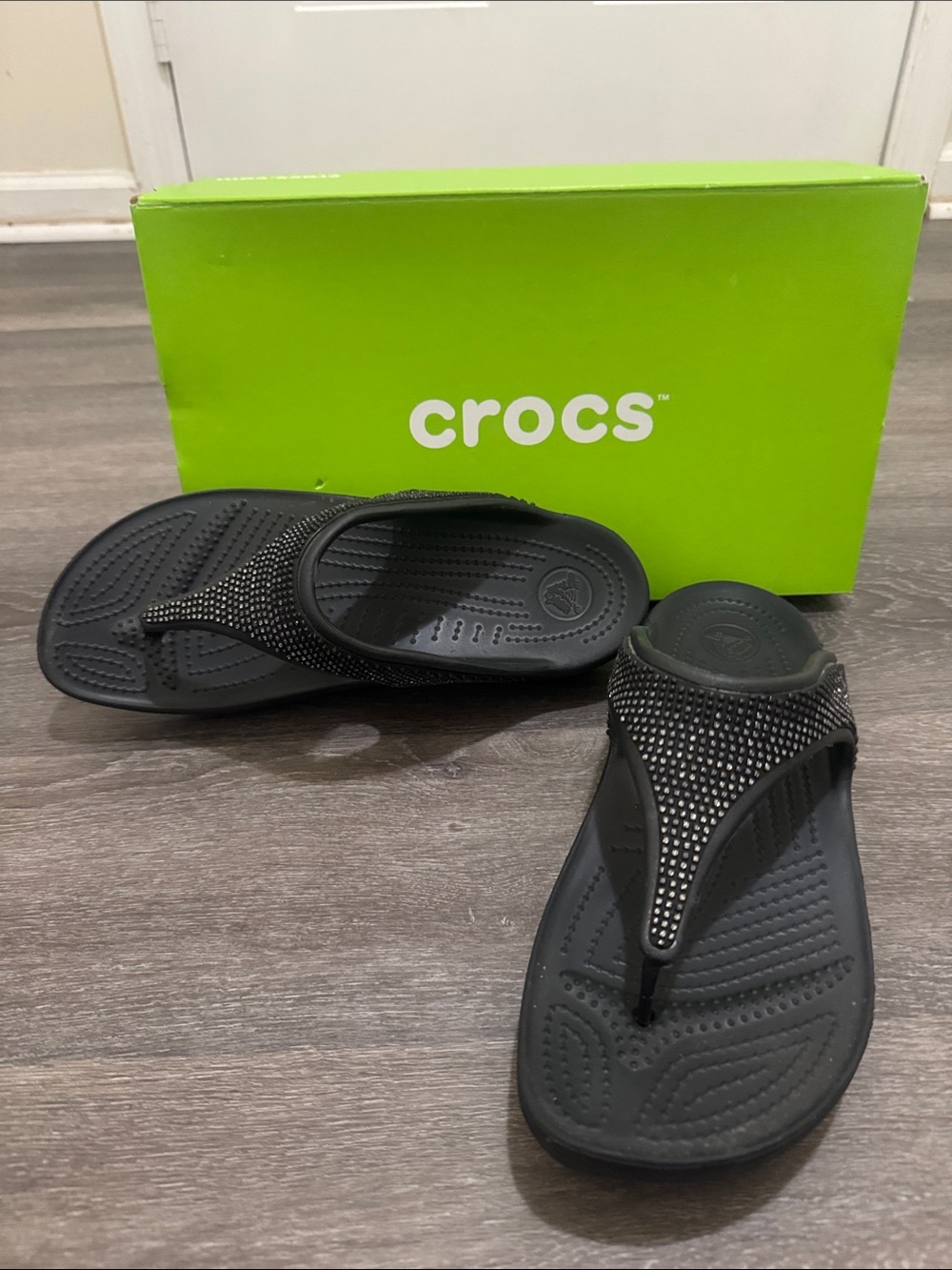 CROCS Black Rhinestone Thong Sandals